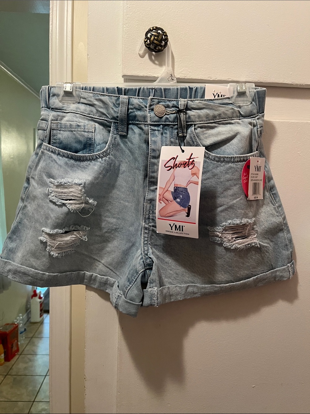 YMI Distressed Rolled Hem Denim Shorts - Light Blue